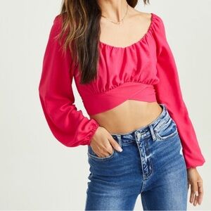 Altar'd State Hot Pink Cropped Long-Sleeve Wrap Top